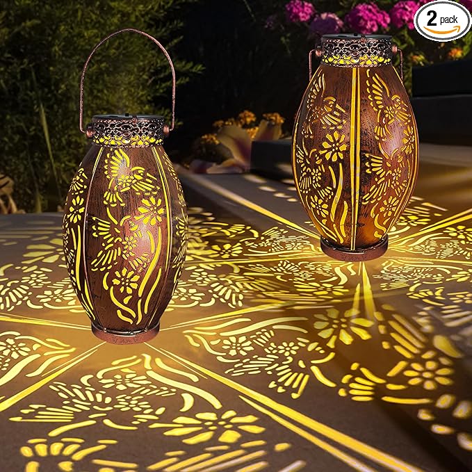 pearlstar 2 Pack Decorative Solar Lantern Lights for Hanging or Table Outdoor Solar Light for Patio Yard Garden Lawn Landscape Lighting Waterproof, Gift for Wamen Men Mom, Warm Lights,Hummingbird