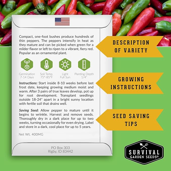 Survival Garden Seeds - Thai Pepper Seed for Planting - 2 Packets with Instructions to Plant & Grow Spicy Hot Bird's Eye Chili Peppers in Your Home Vegetable Garden - Non-GMO Heirloom Variety