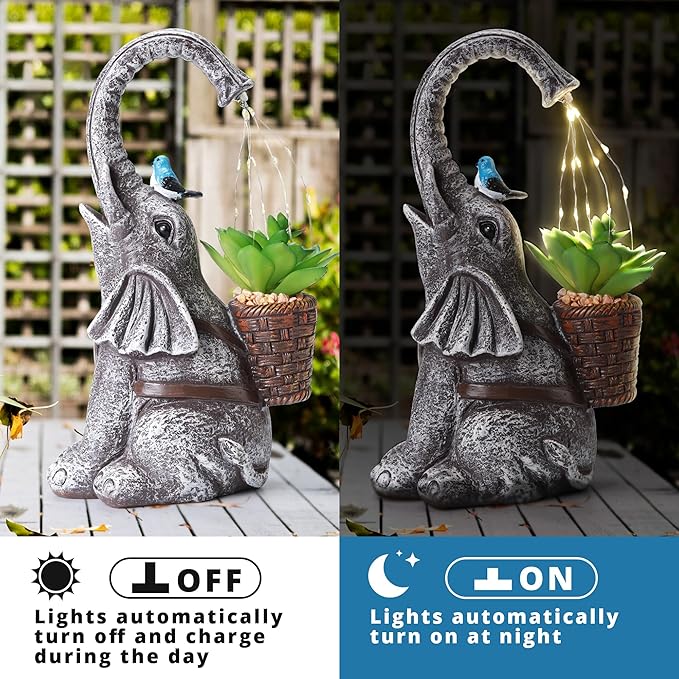Solar Elephant Watering Effect LED Lights Garden Statue, Outdoor Garden Decor for Lawn, Balcony, Yard, Gifts for Mom, Grandma, Wife