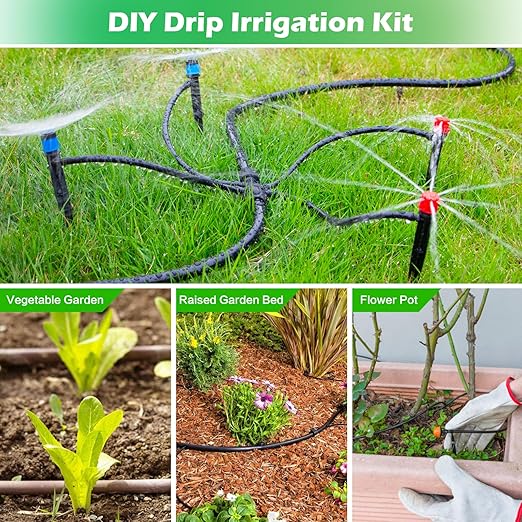 Drip Irrigation System：83FT Adjustable Irrigation Watering System for Garden Bed Greenhouse-Complete Drip Irrigation Kit with Mainline 1/4" Distribution Tubing Drip Emitters and Connectors