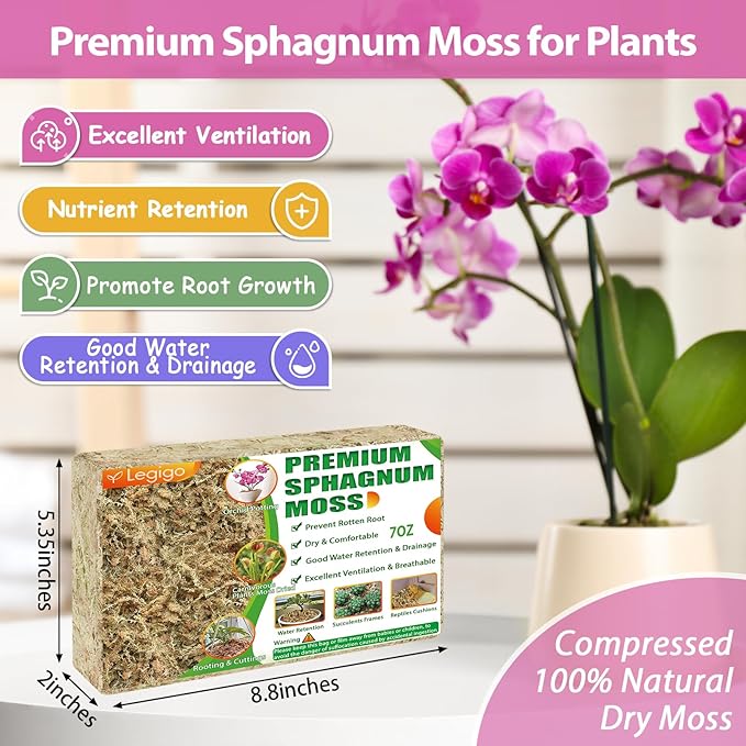 Legigo 7OZ Premium Sphagnum Moss for Plants- 8QT Natural Succulent Carnivorous Plant Moss Dried, Long Fiber Orchid Moss for Orchid Repotting Succulent Sarracenia Potted Plants Gardening and Reptiles