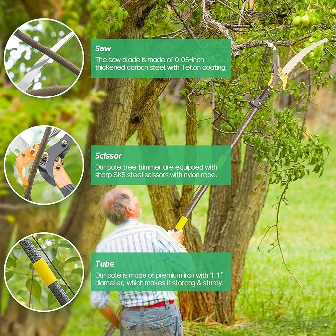 Pole Saws for Tree Trimming, 13.7 FT Manual Tree Trimmer Long Handle Pruner, Extendable Pole Pruners for Tree Trimming, Sharp Steel Blade and Scissors for High Branches Trimming
