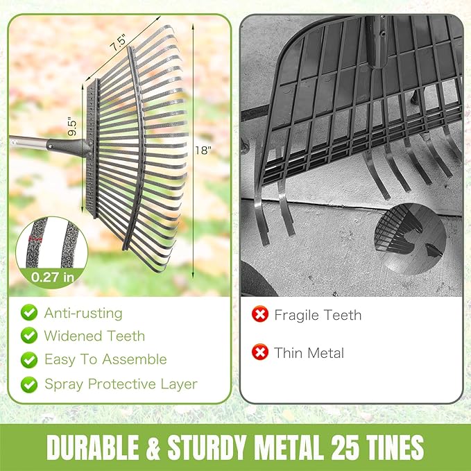 JOYHALO 65 Inch Rake for Leaves, 25 Tines Metal Leaf Rake Set with 32 Gallon Leaf Bags Leaf Scoops, Garden Rake 18in Wide, Rakes for Gardening Lawns Yard Outdoor Camping Shrub Grass Bush
