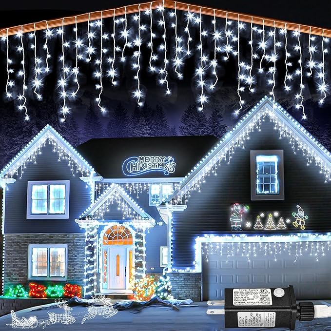 99ft Icicle Lights for Outside, White Christmas Lights Outdoor Indoor, 1216 LED Twinkle String Light with 228 Drops Short Curtain Lights for Thanksgiving Room Home Wall Bedroom Window Tree Decorations