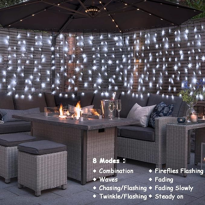 echosari Solar Powered Curtain Lights 33ftx 3ft 500 LED Outdoor Curtain Lights Waterproof with Timer 8 Modes for Christmas Garden Patio Fence Wedding Wall Window Gazebo Decor - Cool White