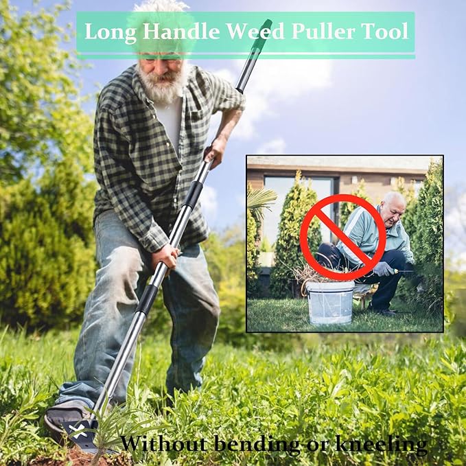 Weed Puller Tool with Long Handle - 60" Manual Weeder Remover Tool, 2 in 1 Hand Weed Rake and Garden Hoe for Gardening, Heavy Duty Uprooting Weeding Pull for Yard, Lawn, Patio and Garden