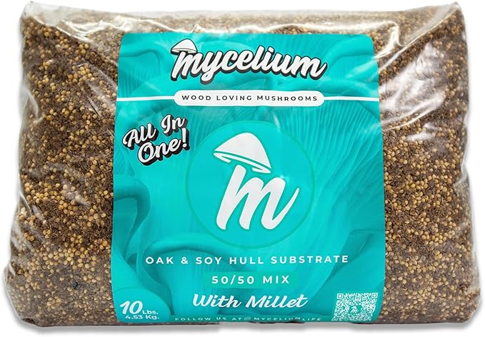 Mycelium Gourmet Mushroom All-in-One Bag - Premium Organic 10LB Blend of Oak & Soy Hull Substrate with Sterilized Millet - Perfect for Variety of Wood-Loving Mushrooms - Home Growing Made Easy