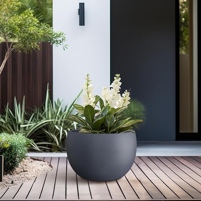 Kante 11.8" Dia Round Concrete Planter, Outdoor/Indoor Large Bowl Plant Pots with Drainage Hole and Rubber Plug for Garden Patio Balcony Home, Charcoal