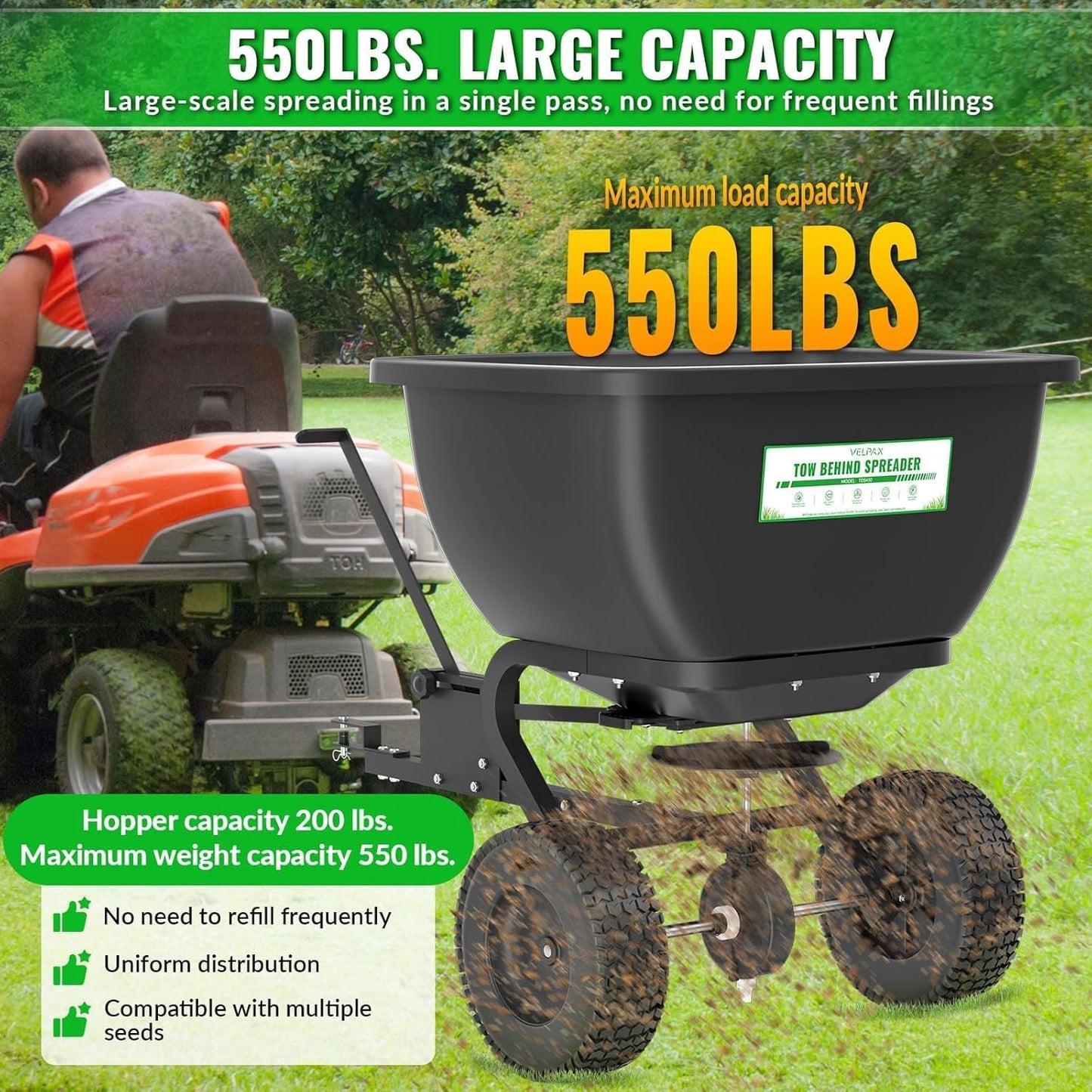 200LB Tow Behind Broadcast Spreader, Fertilizer Spreader Holds up to 550 lbs with 13" Pneumatic Tires and Adjustable Flow Control Lever,for Fertilizer, Grass Seed, Salt, Ice Melt, Lawn