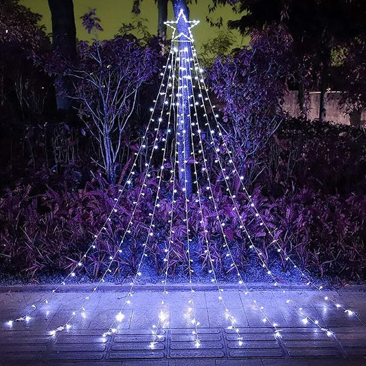 Christmas Decoration Lights, Outdoor Christmas String Lights 320 LED 11.5 Ft Waterfall Tree Lights with Big Star Topper 8 Light Modes for Christmas New Year Holiday Garden Yard Indoor Outdoor Decor