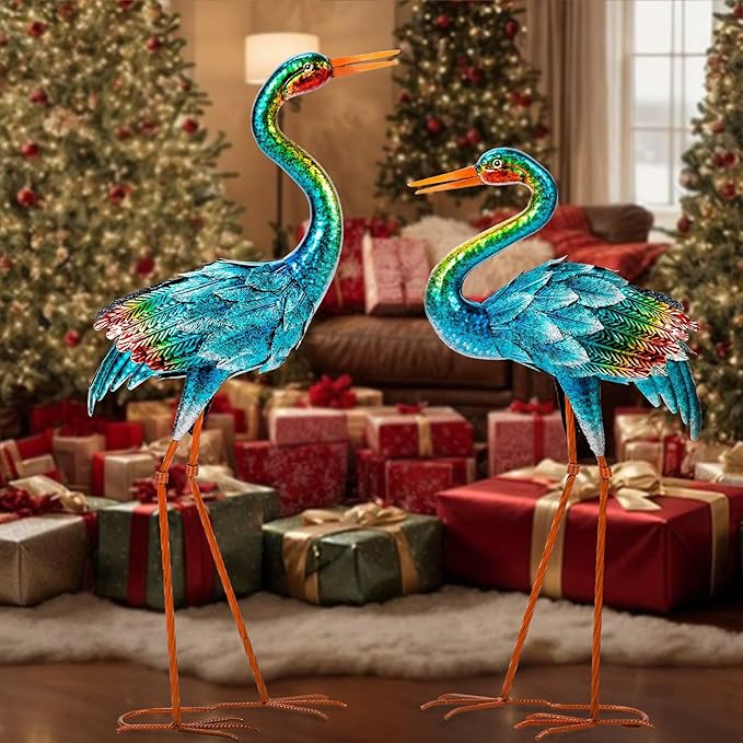 Natelf Crane Statues for Garden Decor, Blue Heron Sculptures, Metal Large Birds Lawn Sculptures & Statue for Patio Pond, Yard Decorations, Set of 2