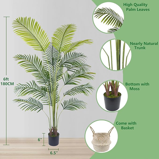 Artificial Palm Tree, 6ft Fake Areca Palm Plant with Basket, Tropical Faux Dypsis Lutescens Plants for Indoor Outdoor Home Office Shop Garden Décor