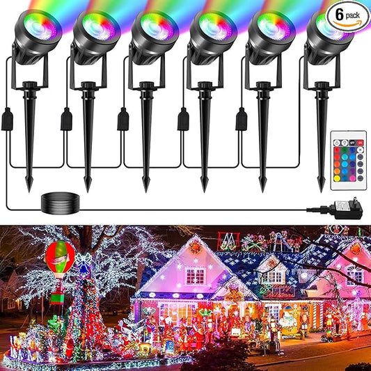 RGBW Color Changing Landscape Lighting,12V Low Voltage Landscape Lights Spotlights with Transformer Remote Control Decorative for Garden, Yard, Lawn, Pool, 44ft Cable(6-in-1)