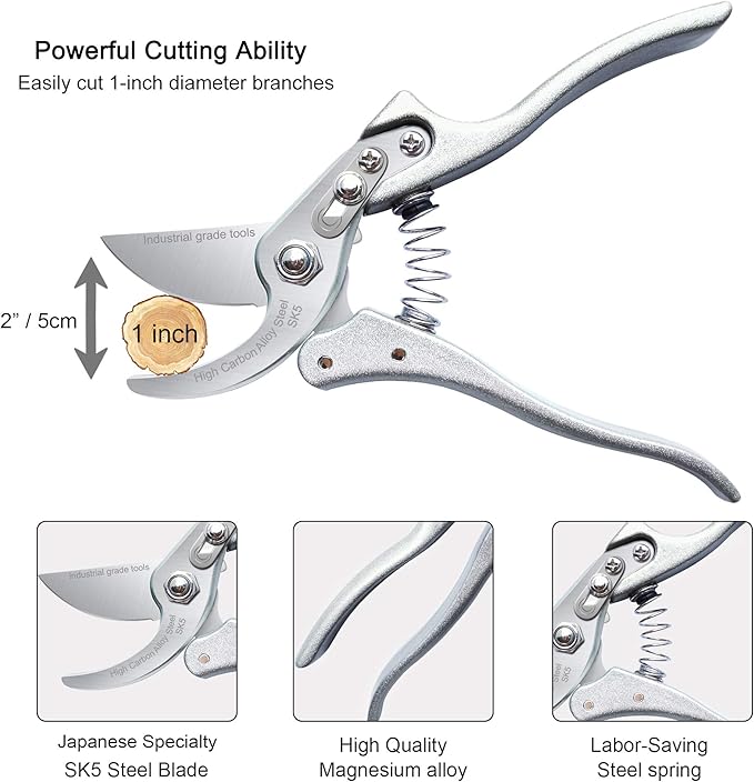 Pruning Shears for Gardening [Made in Japan] 8 Inch Bypass Garden Scissors Secateurs, Premium Japanese Gardening Tools Hand Pruner Clippers with Ergonomic Handle