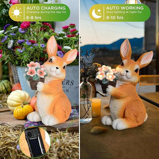 SIX FOXES Solar Garden Outdoor Statues Bunny with Flowers LED Lights - Large Size XXL(10.4×4.5×5.7 inches), Rabbit Decor for Patio, Balcony, Yard, Lawn Ornament, Unique Gifts for Everybody