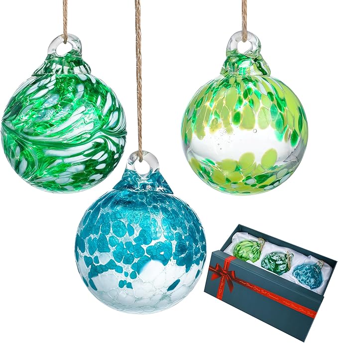 3pcs Hand Blown Glass Gazing Balls Blown Glass Christmas Ornament Balls Hanging Friendship Balls for Home Window Outdoor Garden Patio Decor