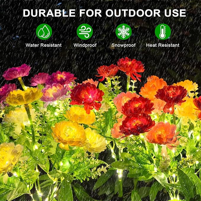 Solar Flowers Lights, 2 Pack Solar Garden Lights with 14 Blooming Flowers, Waterproof Solar Outdoor Fairy Lights for Outside Yard, Garden, Pathway, Walkway, Patio, Lawn, Cemetery, Grave Decor