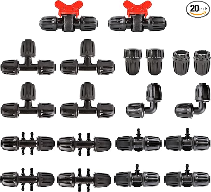 20Pcs Drip Irrigation Fittings Kit Connectors for 1/2 Inch Tubing, PE Tubing Fittings - 2 Switch Valves, 4 Tee, 2 End, 4 1/2" to 1/4" Tee,2 Elbows 2 Thread Adapters,4Pcs 1/2" to 1/4" Six Way