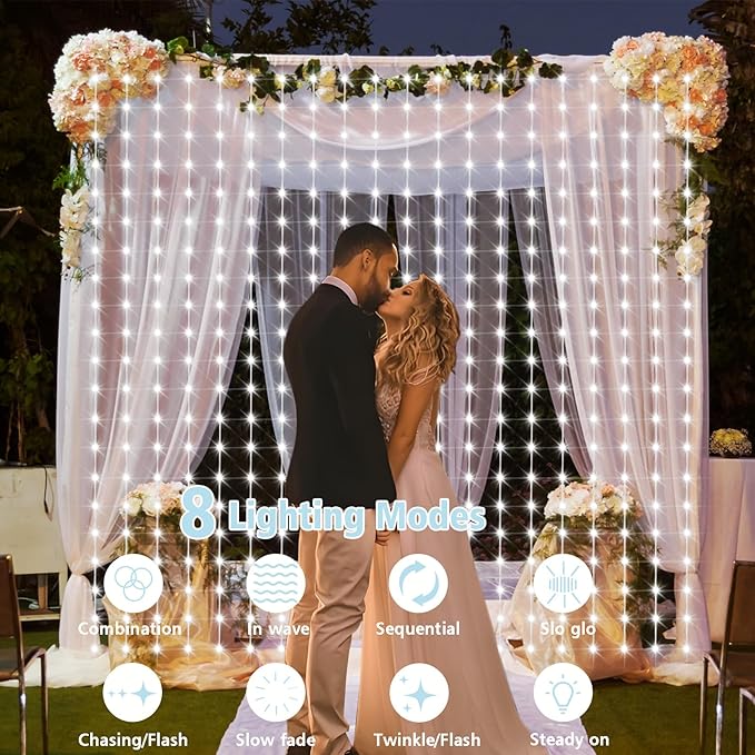 echosari Christmas Curtain Lights Solar Powered 7.9ft x 6ft 144 LED Outdoor Curtain Lights Waterproof with Timer 8 Modes for Christmas Garden Patio Fence Wedding Wall Window Gazebo Decor Cool White