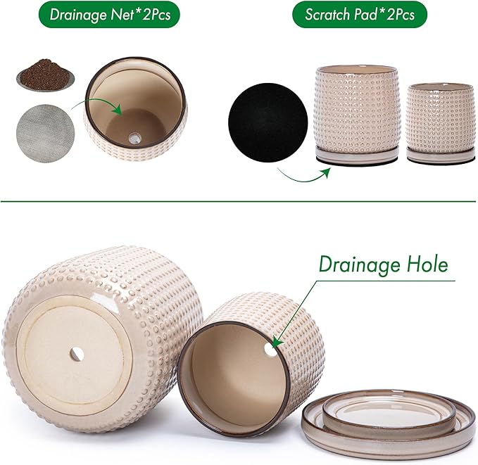 D'vine Dev 6 Inch 4 Inch Ceramic Indoor Planter Pots with Drainage Hole and Saucer, Beaded Design Flower Pots, Set of 2, Light Brown, 27-D-U-4
