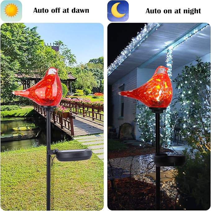 Afirst Solar Outdoor Lights - Decorative Solar Stake Lights Cardinal Handblown Glass Garden Stakes, Waterproof for Pathway Decoration, 2 Pack
