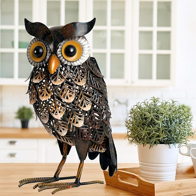 Shorayn Garden Statue Metal Owl Yard Art Outdoor Decor with Solar LED Lights for Patio Lawn Decoration Great Gifts
