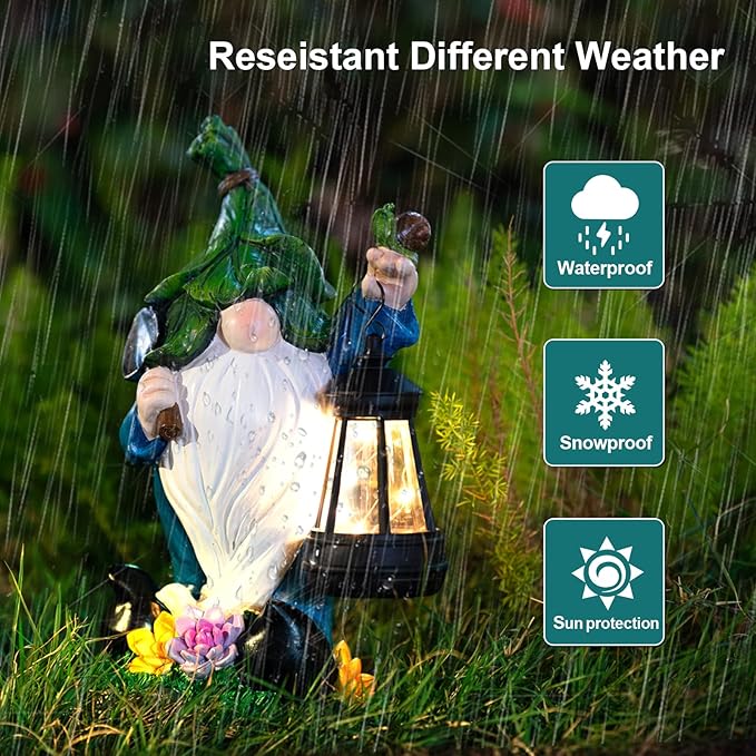 Garden Gnome Solar Figurine Lights - Solar Powered Lighting Outdoor Decorations with Lantern & Shovel, Yard Art Lawn Ornaments for Porch Patio Balcony - Gnome Gifts for Women Mom