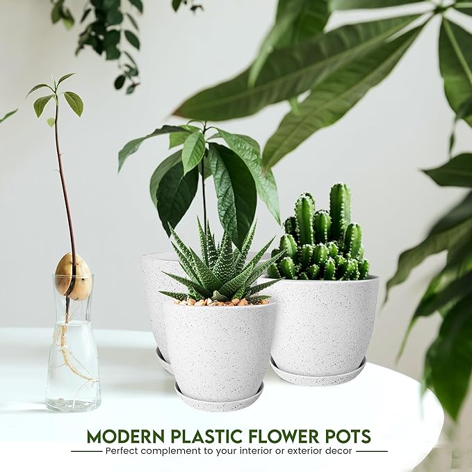 Utopia Home Plant Pots Indoor with Drainage - 7/6.6/6/5.3/4.8 Inches Decorative Flower Pots for Indoor Plants - Pack of 5 Spotty Grey Plastic Planters for Indoor Plants, Flowers Pot