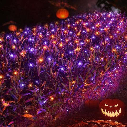 Joomer 12ft x 5ft 360LED Orange Purple Halloween Net Lights Outdoor Mesh lights, 8 Modes Timer Connectable Waterproof Bush Lights Mesh Netting Lights for Halloween Outdoor Decorations (Green Wire)