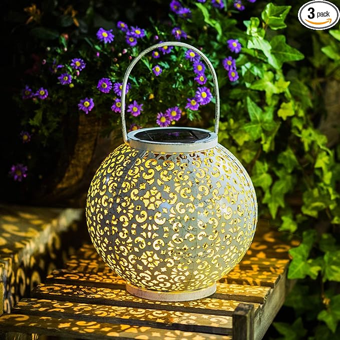 Outdoor Solar Big Lantern Waterproof Hanging Garden Decorative Metal Lights LED Table Lamp,Yard Patio Decor, Christmas Gifts for Mom (White,1Pack)