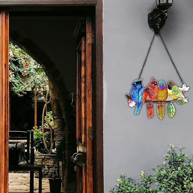 Stained Glass Window Hanging - Hummingbird on Branch Suncatcher Hand-Painted Double Side Stain Glass Cardinal Gifts Sun Catcher for Windows Doors Room Outdoor Home Decoration