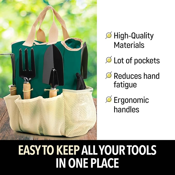 Garden Tools Set – Gardening Tools Organizer Handbag – Rust Proof, Heavy Duty, Ergonomic & Durable Tool Bag Kit – Gardening Gifts for Women & Men – Garden Tool Organizer Tote Bag with 10 Pieces Set