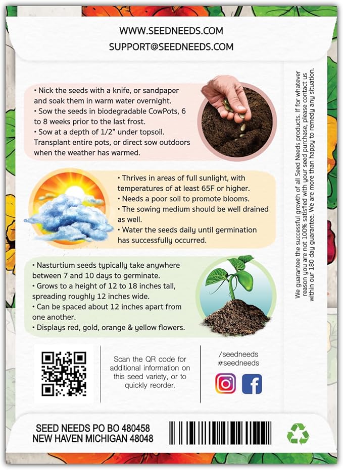 Seed Needs, 1.5 Ounce 350+ Nasturtium Seeds “Jewel Mixture (Tropaeolum nanum) Edible Blooms, Non-GMO, Easy to Grow, Mixed Colors Flower Seeds Mix, Attracts Pollinators - Bulk