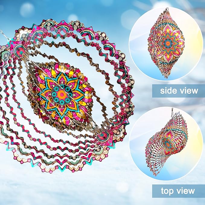 Wind Spinner Blossom Mandala Wind Spinners Outdoor 12inch 3D Stainless Steel Hanging Wind Sculptures Creates Holographic Effect. Kinetic Garden Decoration Yard Art Decor Worth Mandala Gifts