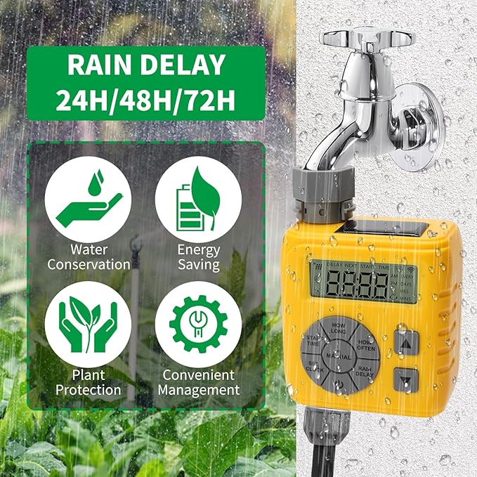 Sprinkler Timer, Zuomeng Water Timer for Garden Hose with Dual Power Design, Professional Anti-Leak Technology, Smart Irrigation with Rain Delay, Automatic/Manual Mode for Efficient Watering, Yellow