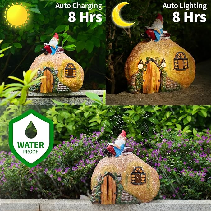 mopha Garden House Statues, Funny Gnome Fairy Garden Lights Figurine,Resin Solar Powered Outdoor Decor Patio Yard Lawn Ornament Decoration