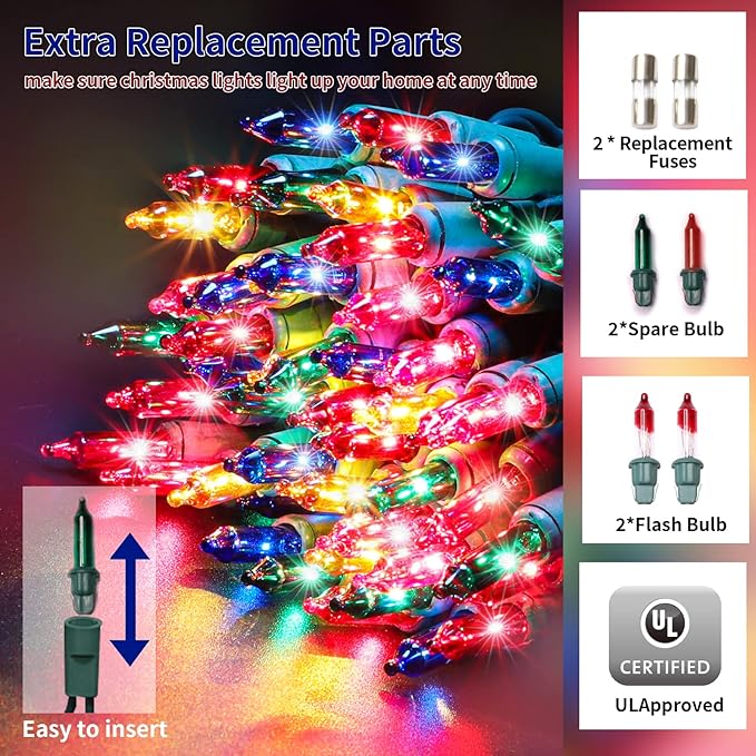 Ultra-Bright Connect End to End Multi Christmas Mini Light 300L 63.8Ft(2Sets-Each 150L)UL Listed Incandescent Bulb String Light for Indoor Outdoor Holiday Garden Party Christmas Tree Decor