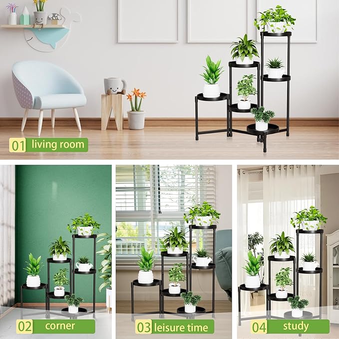 6 Tier Plant Stand Indoor Tall, Black Corner Metal Tiered Plant Stands Outdoor for Multiple Plants, Folding Iron Flower Display Holders Rack Shelf for Living Room Balcony Garden Patio