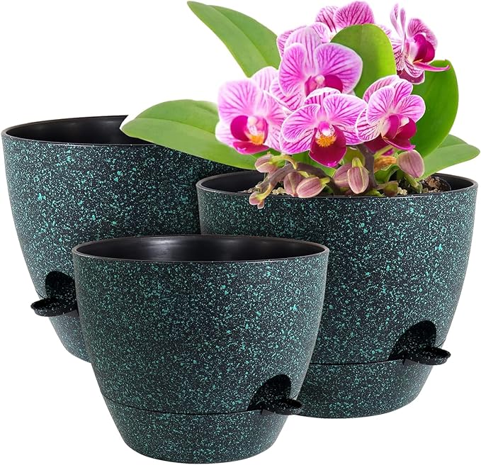 12/10/9 inch Large Self Watering Pots, Planter, Plant Pots with Mesh Drainage Holes for Indoor Outdoor Garden Plants, Plastic Flower Pots with Deep Reservoir, Black with Green Speckles