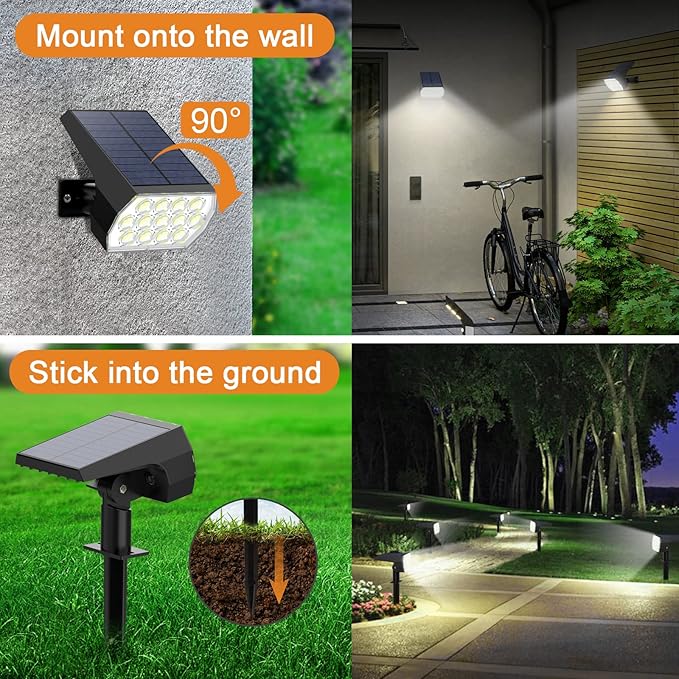 WELALO Solar Spot Lights Outdoor, [2 Pack/52 LED/3 Modes] 2-in-1 Solar Landscape Spotlights, Solar Powered Security Lights, IP65 Waterproof Wall Lights for Walkway Yard Garden Driveway(Cool White)