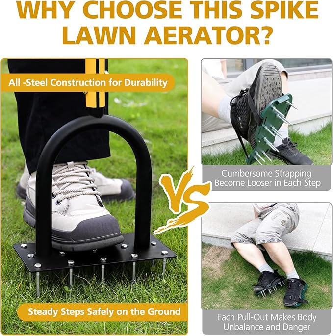 Lawn Aerator Spike Metal Manual Dethatching Soil Aerating Lawn with 15 Iron Spikes, Pre-Assembled Grass Aerator Tools for Yard, Lawn Aeration, Garden Tool, Revives Lawn Health（Black + Yellow01）