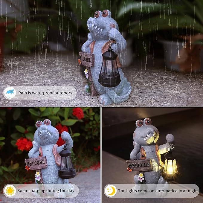 Solar Crocodile Decor-12.6 in Outdoor Statues for Garden,Patio,Porch,Balcony,Backyard or Lawn Decor- Birthday Gifts for Women