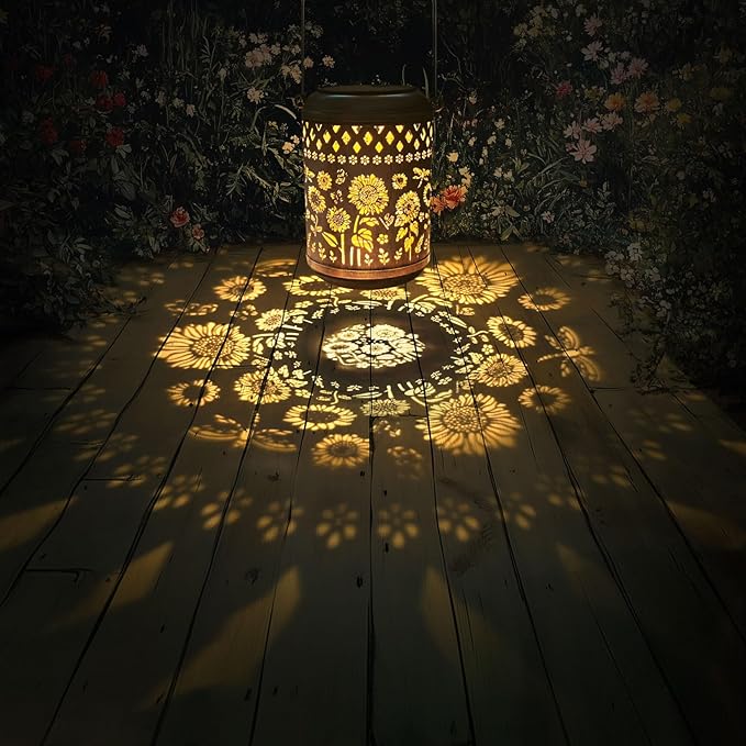Kaixoxin 2 Pack Solar Garden Decor Metal Lantern Sunflower Table Lamp Bronze Outdoor Dercoration Great Gift for Women Mon Grandma Hanging Lights for Patio Courtyard Garden