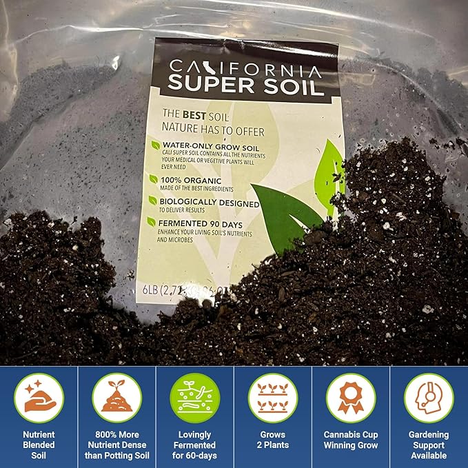 California Super Soil Premium 100% Organic Super Soil - 18+ Nutrient Blend - Living Soil Technology - Potting and Garden Soil for Indoor Grow Kit - 6Lbs Bag - Grows 2 Plants