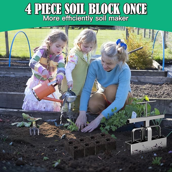Soil Blocker, 4 Cell Hand Held Soil Blocker Come, 2 Inch Molds Soil Blocking Tool for Seeding, Germination,Grow Seedling，Stainless Steel Material