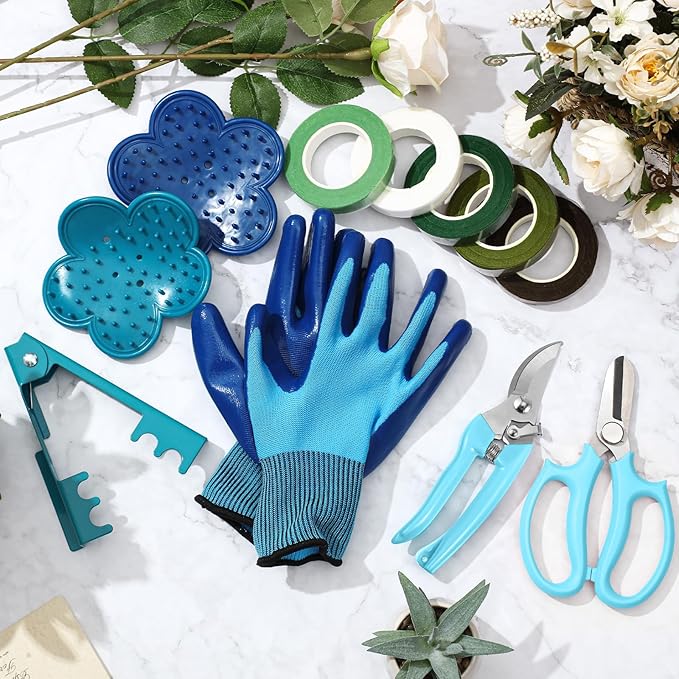 WILLBOND 11 Pcs Rose Thorn Remover Valentine Leaf Stripping Tool Garden Pruning Shear Scissors Kit Thorn Remover for Roses Floral Gloves and Floral Tape for Outdoor Gardening Flower(Blue)