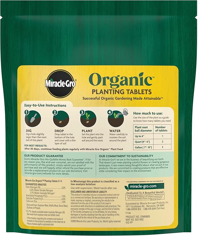 Miracle-Gro Organic Planting Tablets, for Transplants and Starter Plants, Formulated with Calcium, Jump Starts Root Growth, OMRI Listed, 20 Tablets