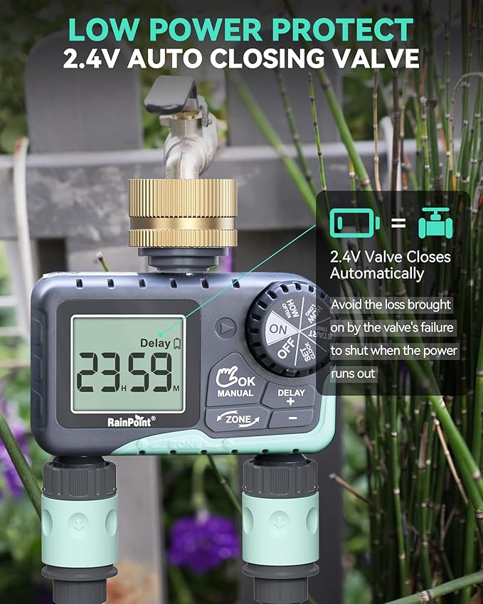 RAINPOINT 2 Zone Sprinkler Timer with Brass Swivel - 2pcs Water Timer for Garden Hose with Rain Delay/Manual Watering/Automatic Irrigation System - Programmable Faucet Timer for Yard Lawn