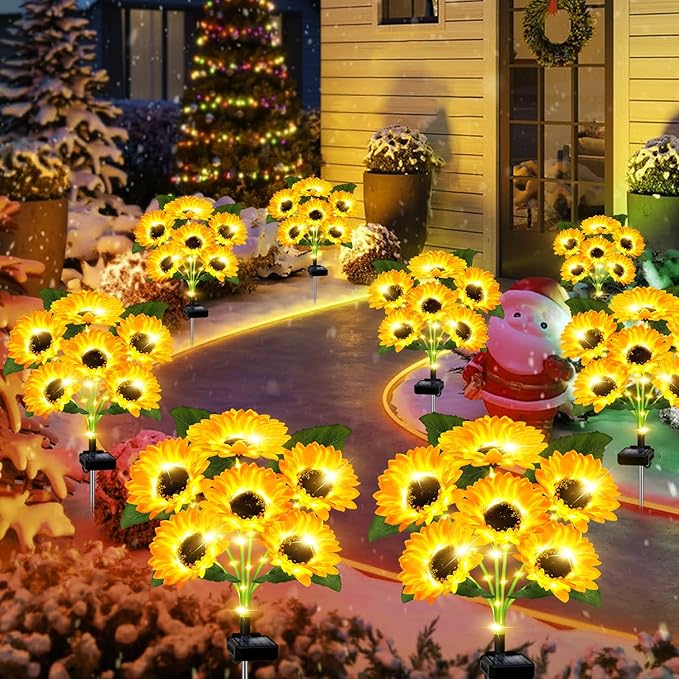 Solar Lights Outdoor Garden Decor,4 Pack with 24 Sunflower Lights,Solar Flowers Lights Waterproof,Sunflowers Gifts for Mom Women Grandma Birthday,Decorative Stakes Lights for Yard Patio Lawn