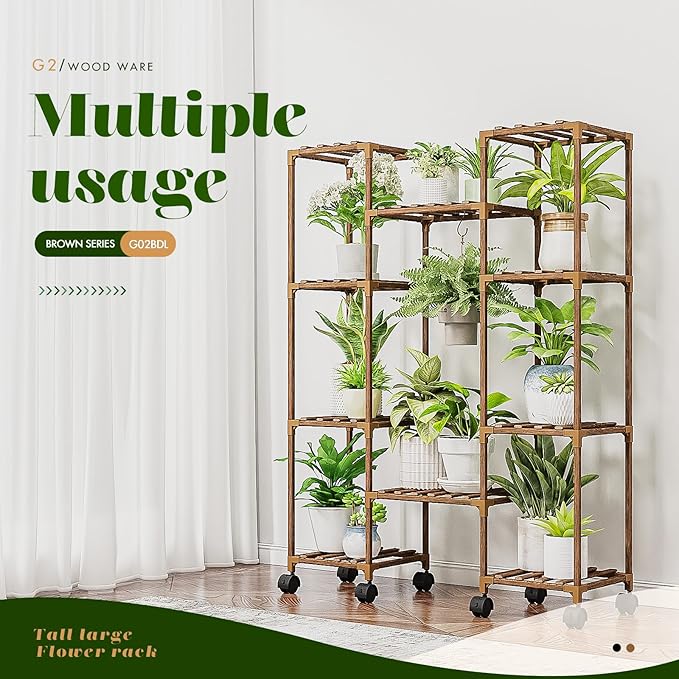 Plant Stand with Wheels Outdoor Indoor Hanging Plant Shelf for Multiple Plants Tall Large Holder for Living Room Patio Balcony Garden Corner Mobile